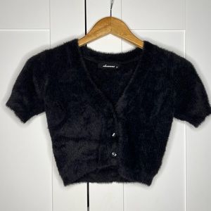 Black Faux Fur Cropped Cardigan - Size S